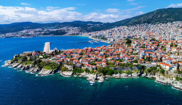Aerial,View,The,City,Of,Kavala,In,Northern,Greece